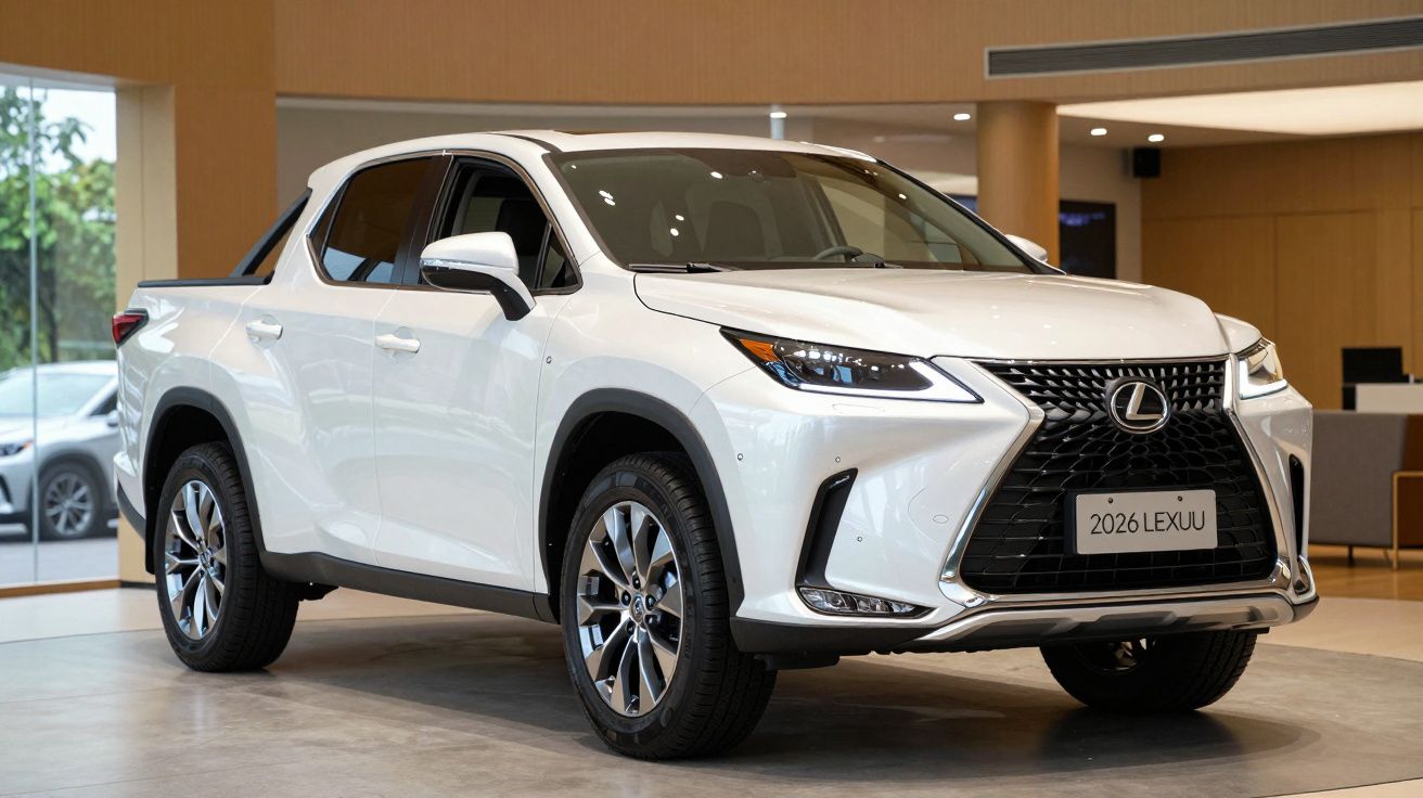 White Lexus pickup truck displayed in a modern indoor showroom.