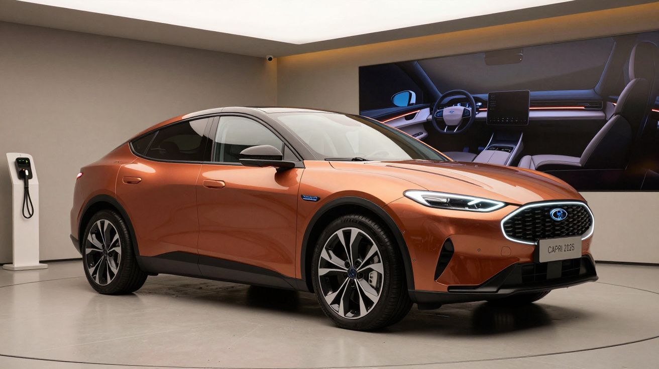 Copper-colored electric car in a modern showroom with a charging station and interior dashboard display in the background.