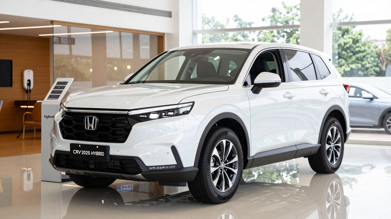 White 2025 Honda CR-V Hybrid SUV displayed in a showroom with reflective flooring and large windows.