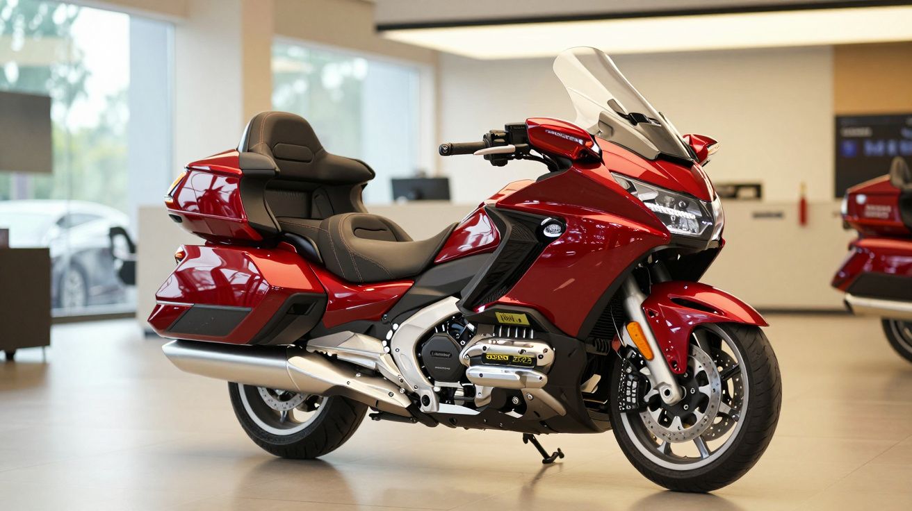 Red touring motorcycle in a showroom with a large windshield and comfortable seating.