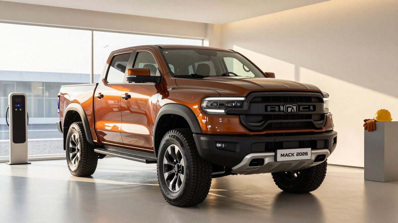Orange pickup truck on display in showroom near electric charging station, labeled "Mack 2026."