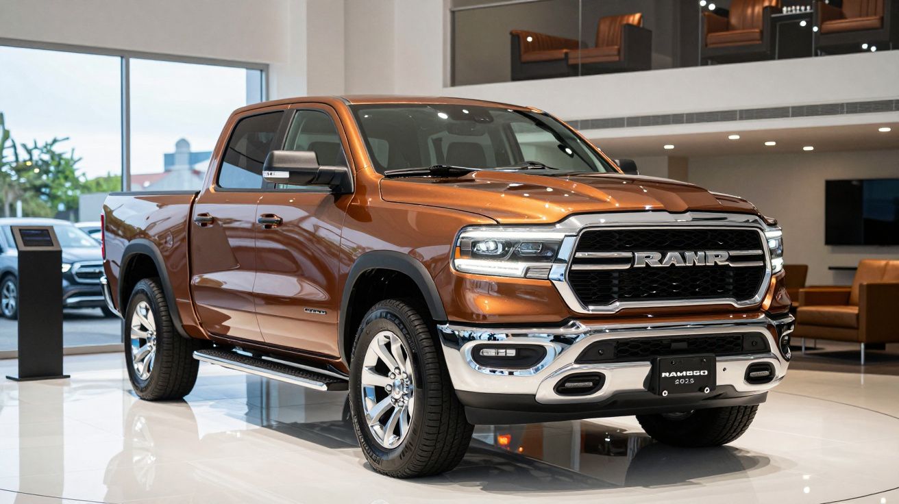 A brown Ram pickup truck displayed in a modern showroom with large windows.
