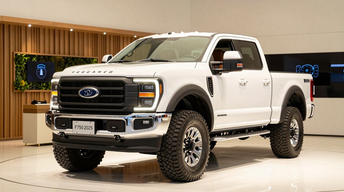 White Ford F-750 2025 pickup truck displayed on a showroom floor, front and side view.