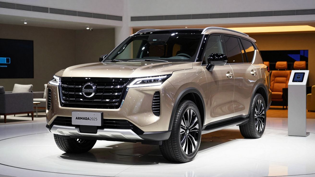2025 Nissan Armada SUV showcased in a modern showroom with sleek design and metallic paint.