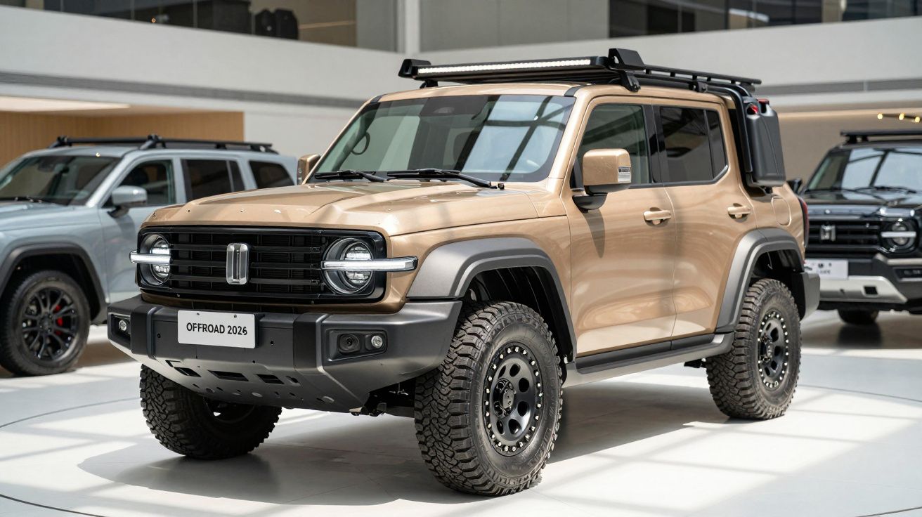 Tan off-road SUV with roof rack and rugged tires displayed in a showroom, labeled "OFFROAD D026."