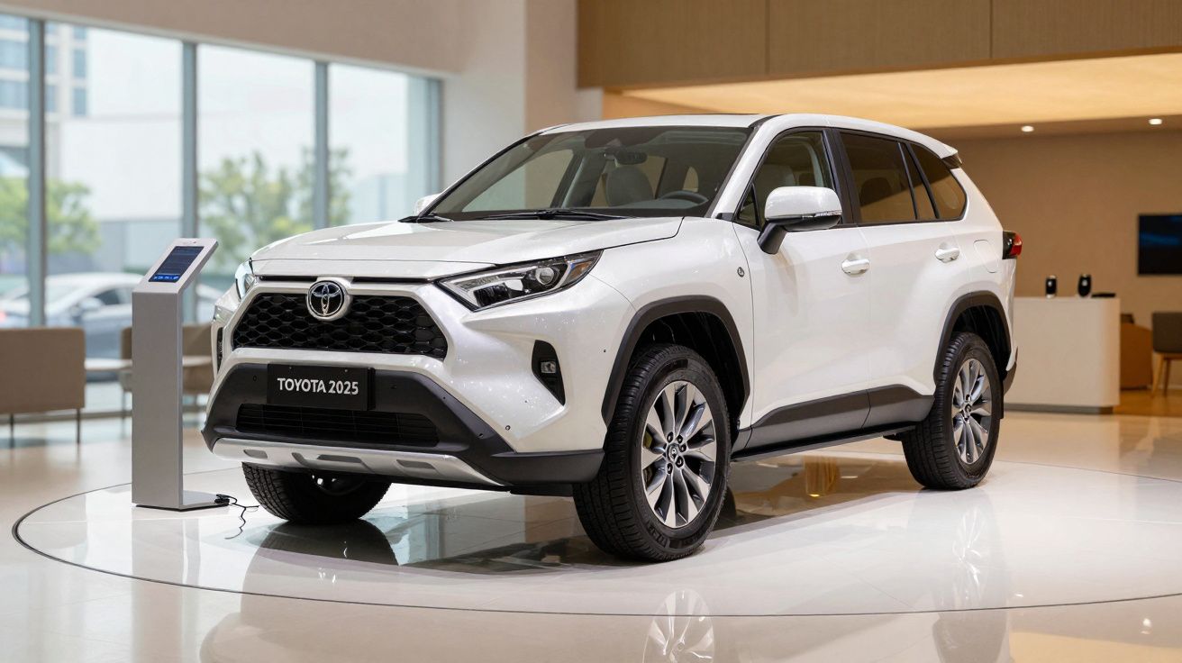 White 2025 Toyota SUV displayed in a modern showroom with large windows and electronic info stand.
