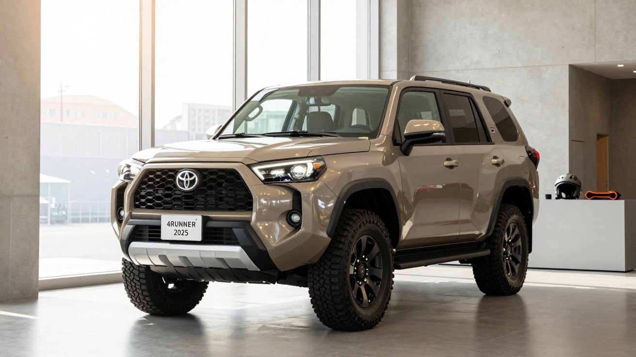 2025 Toyota 4Runner SUV in a showroom, featuring rugged design and large tires.