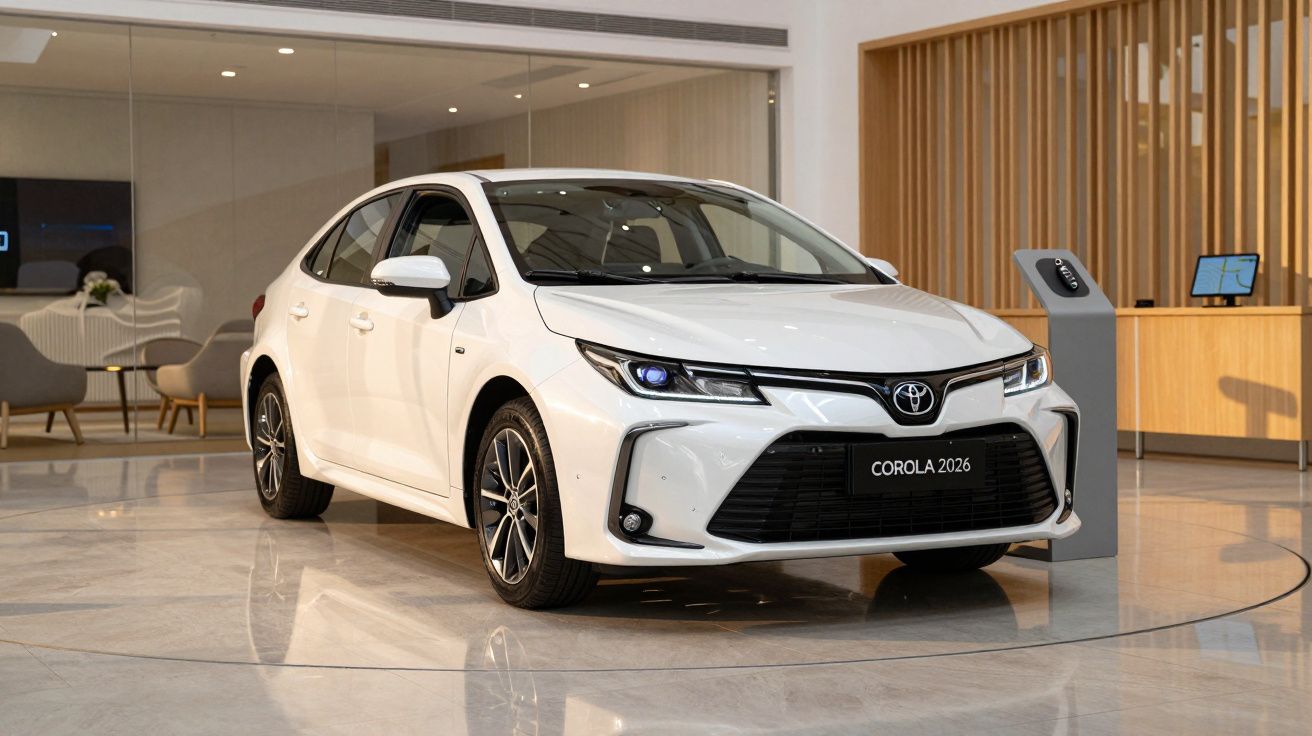 White 2026 Toyota Corolla displayed indoors on a showroom floor.