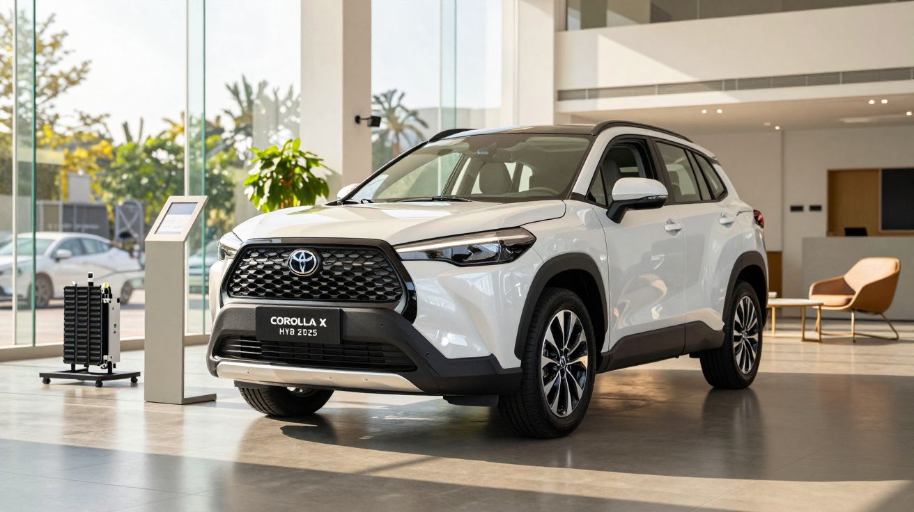 White Toyota Corolla SUV displayed in a modern showroom with large windows and stylish furnishings.