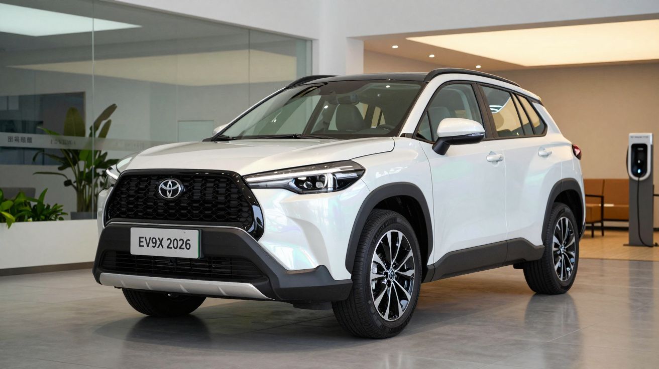Silver SUV with black grille parked indoors, visible through large glass windows, labeled "EV9X 2026" on the license plate.