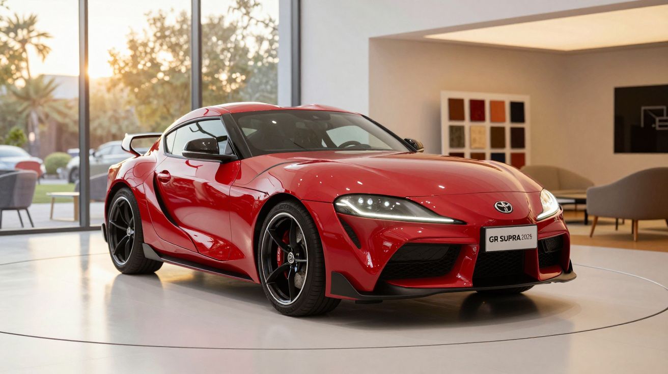 Red sports car displayed in a modern showroom interior with large windows.