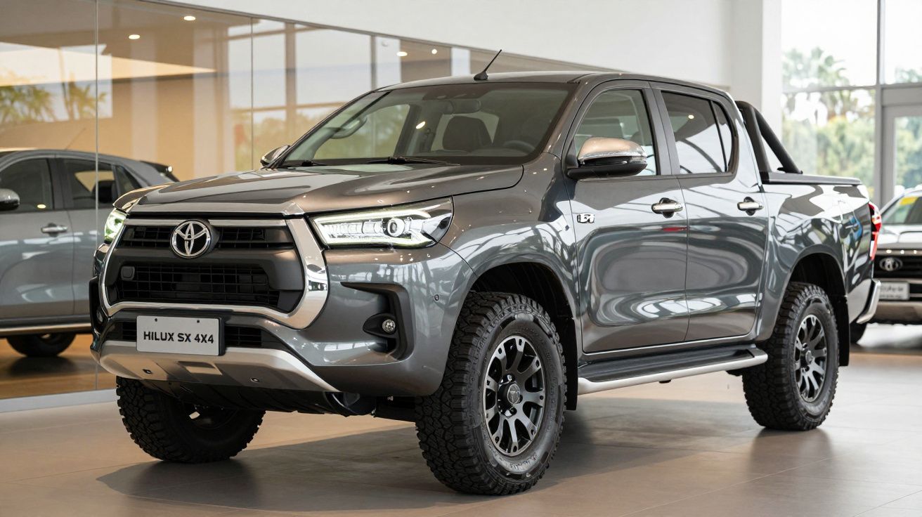 Silver Toyota Hilux SX 4x4 truck in a showroom, displaying its robust build and stylish exterior.