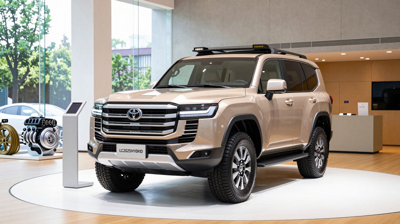Beige SUV displayed indoors on a circular platform at a car showroom with large windows and other car parts visible.