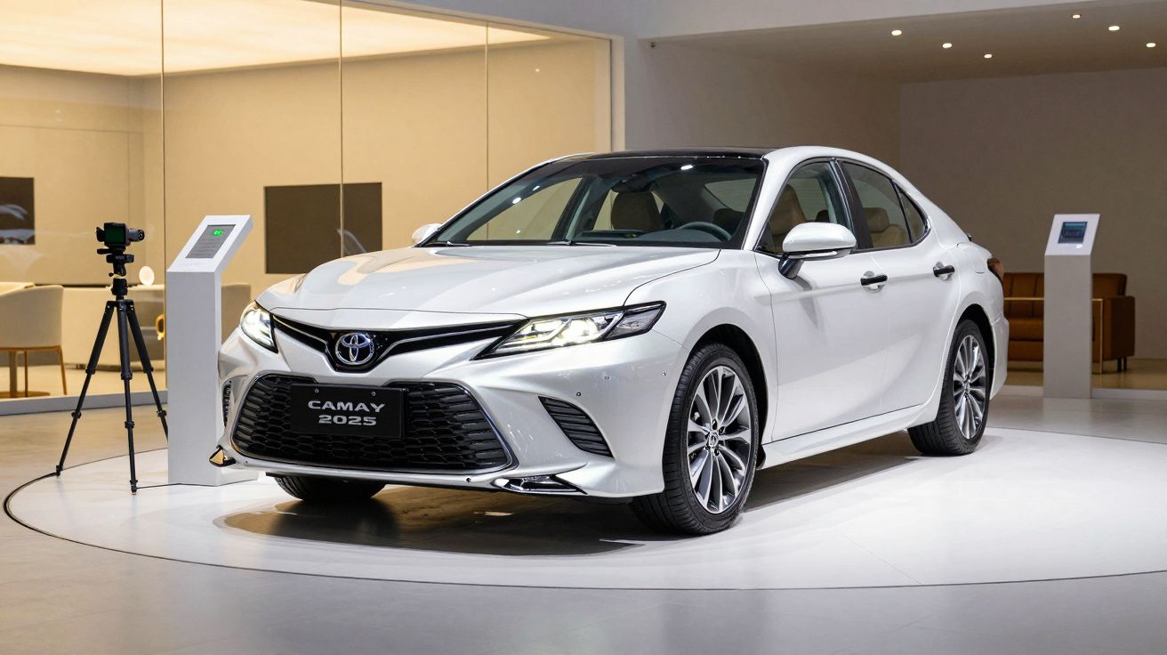 White 2025 Toyota Camry displayed in a modern showroom.