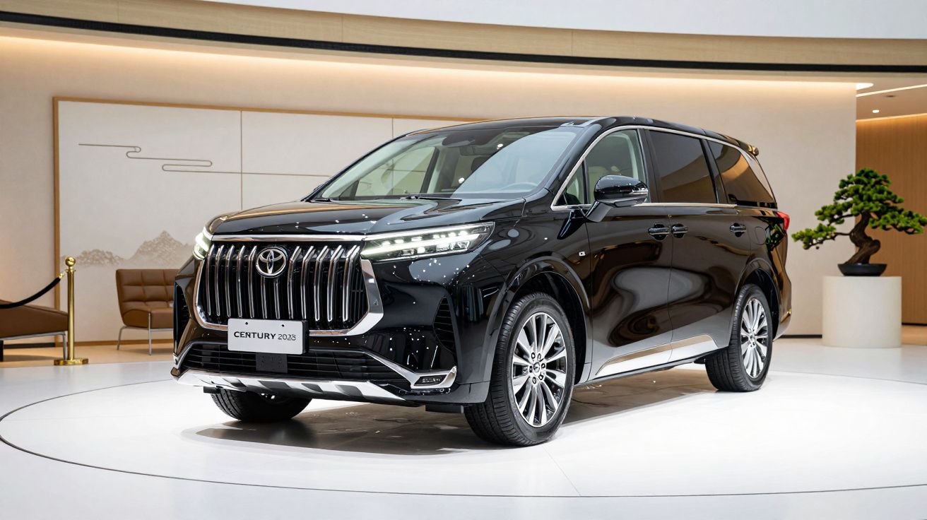Black luxury SUV with sleek design and chrome grille, displayed in an elegant showroom with soft lighting and decor.