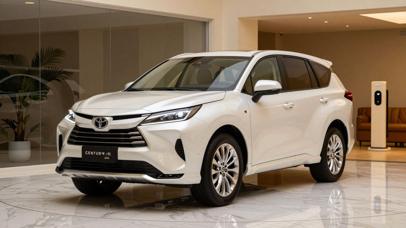 White SUV parked indoors with a polished floor and modern decor background.
