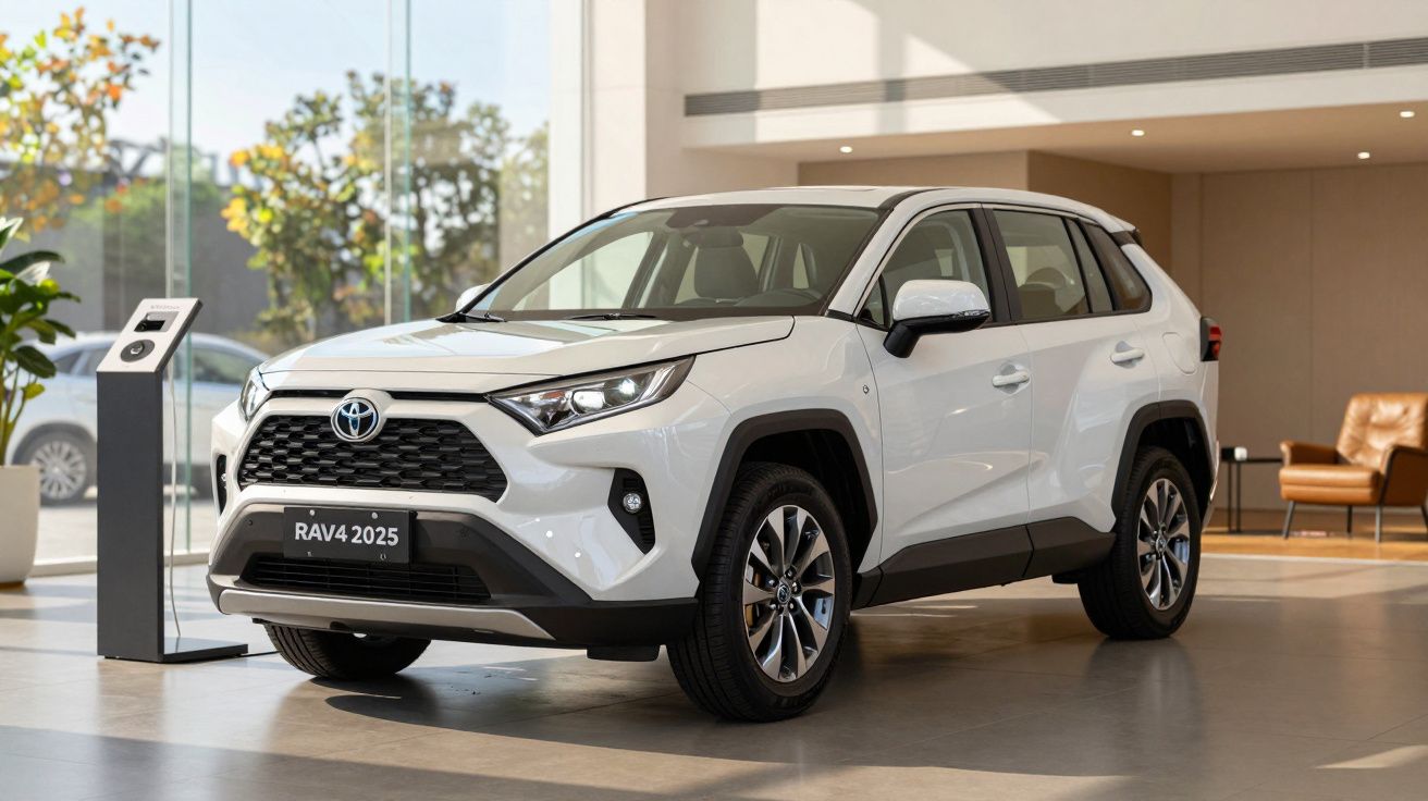 White 2025 Toyota RAV4 displayed in a modern showroom with large windows and seating area.