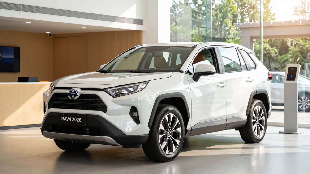 White 2026 Toyota RAV4 SUV displayed indoors with modern design.