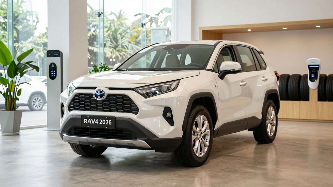 White Toyota RAV4 2026 in a showroom, with charging stations and tire display in the background.