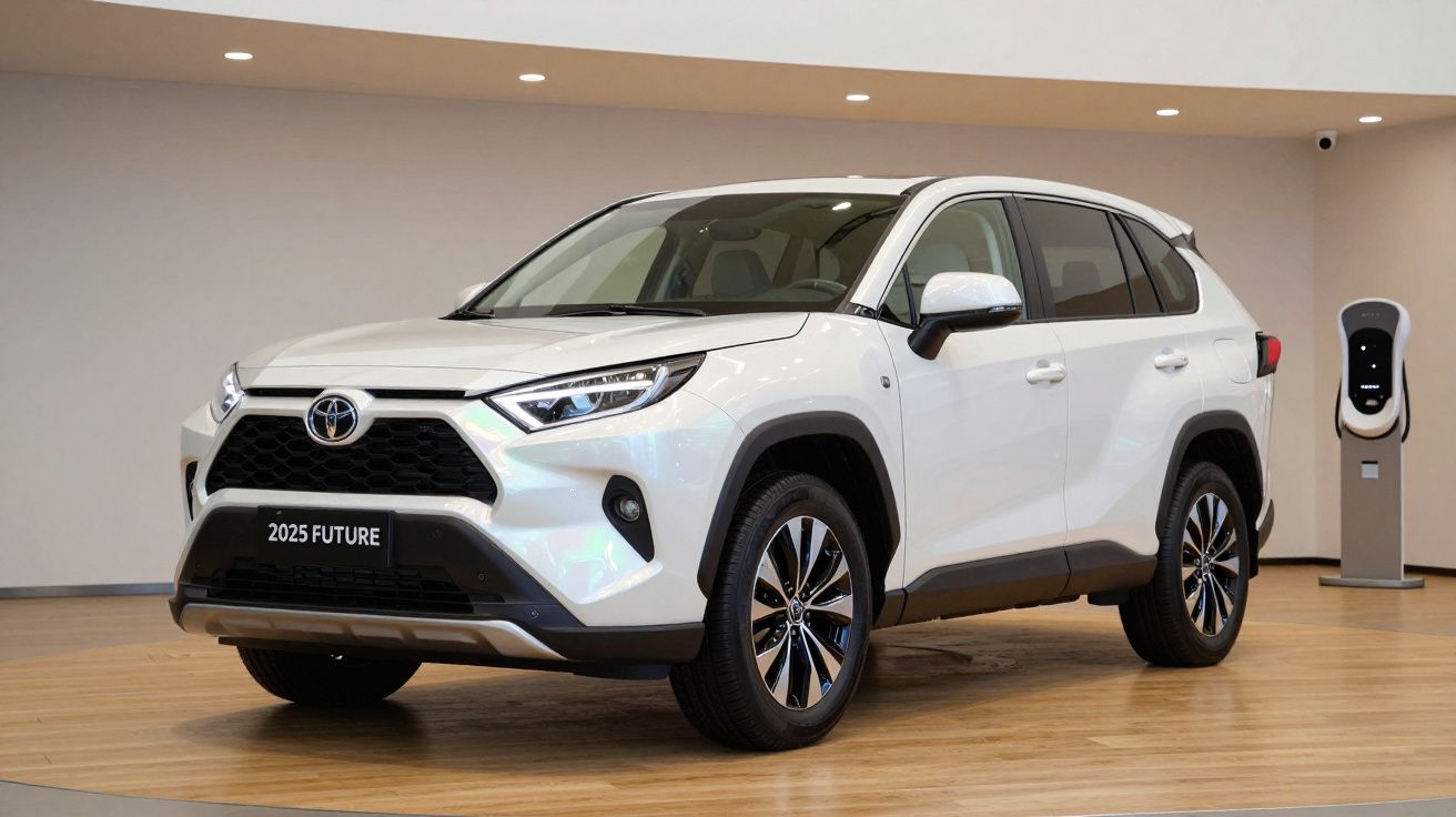 White 2025 Toyota SUV displayed in modern showroom with wooden floor and charging station in the background.