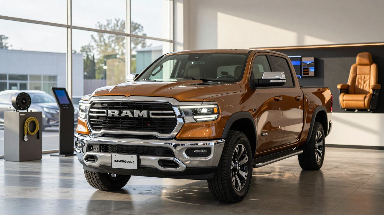 Bronze RAM 1500 2023 truck displayed in a modern showroom with large windows and accessories in the background.