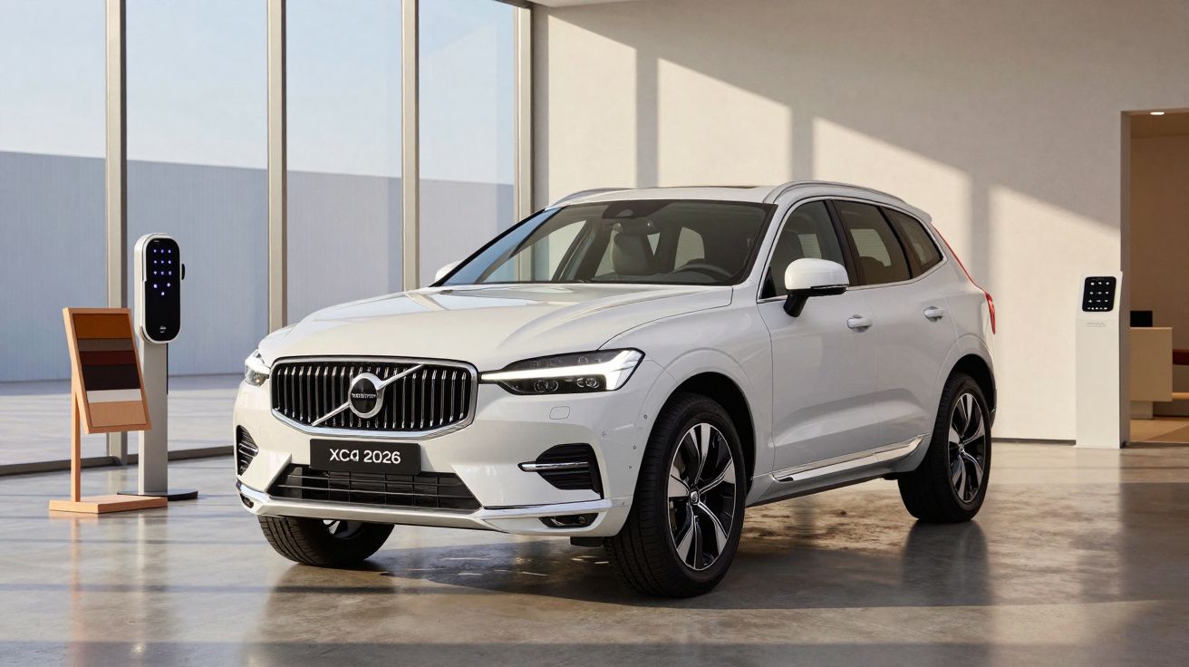 White luxury SUV parked indoors with charging stations visible.