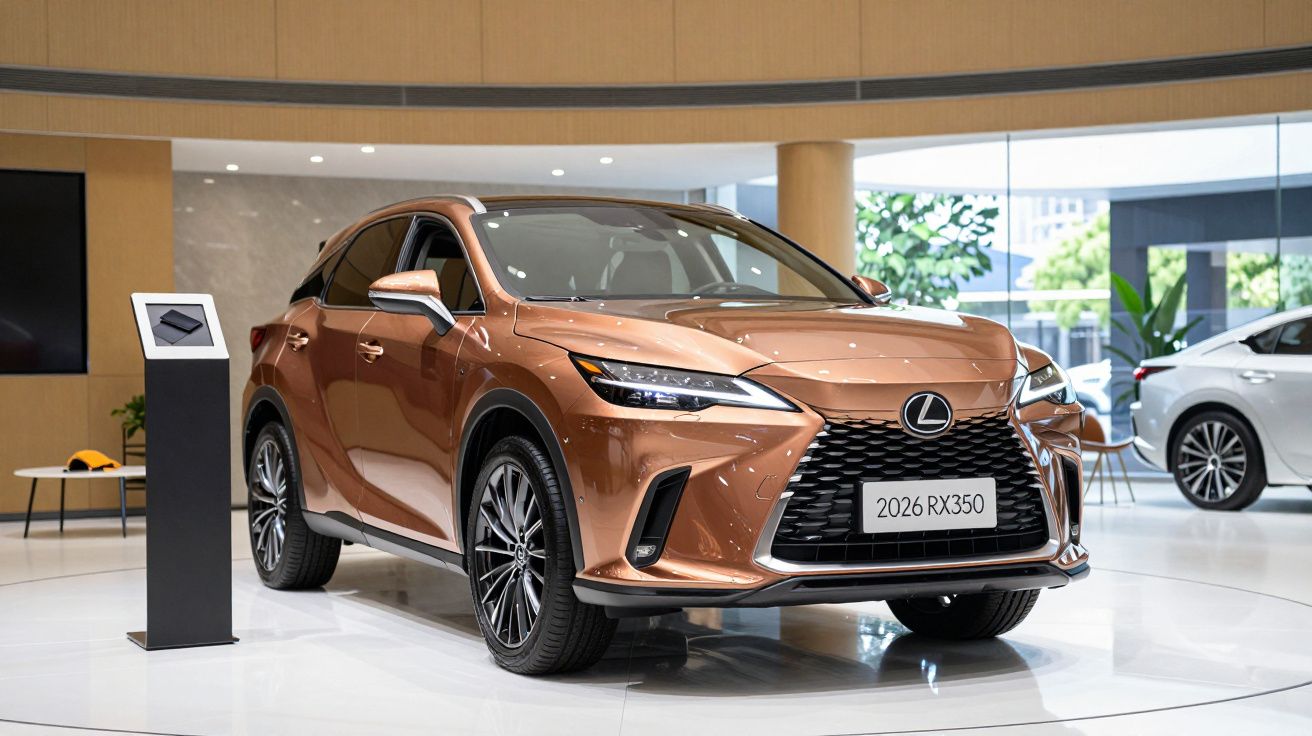 2026 Lexus RX350 SUV in a showroom, metallic bronze color, sleek design, modern lighting, display stand nearby.